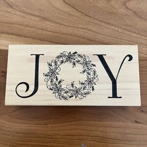Rubber Stamp With Wood Backing Joy Spell Out With Wreath O